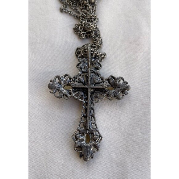 Vintage Silver Cross Necklace Gray Rhinestones Large Pendant Stones Religious - Picture 9 of 14